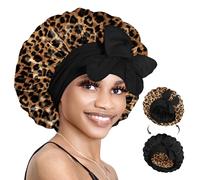 BONNET QUEEN Silk Bonnet Reversible for Sleeping for Curly Hair, Double Layer Sided Satin Bonnet for Women & Men, Adjustable Silk Scarf Night Cap with Tie Band, Leopard
