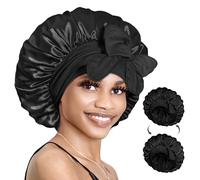 BONNET QUEEN Silk Bonnet Reversible for Sleeping for Curly Hair, Double Layer Sided Satin Bonnet for Women & Men, Adjustable Silk Scarf Night Cap with Tie Band, Black