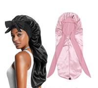 Bonnets for Black Women Braid Bonnet, Satin Bonnets for Sleeping, Hairs Silk Bonnet for Sleeping, Adjustable Silk Scarf Night Cap with Tie Band, Hairs Bonnets with Tie Band for Curly Hair (Pink)