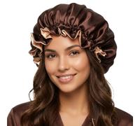 Bonnets for Women Shower Cap Satin Bonnet for Sleeping Bonnet Contrasting Color Satin Hair Bonnet Adjustable Double-Sided Beauty Care Cap (Brown+Champagne, One Size)
