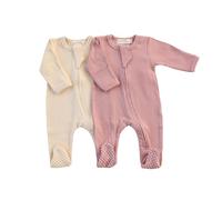 Bonnie & Co 2-Pack Organic Ribbed Babygrow Sleepsuit,Two Way Zip Unisex Romper for Boys and Girls, Newborn, 0-3 Months, 3-6 Months, 6-12 Months (Vanilla/Rose, 0-3 Months)