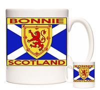 Bonnie Scotland Flag Mug, St Andrews Cross Flag and Rampant Lion Emblem. Ceramic 11oz Capacity Mug