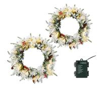 Bonnlo 2 Packs Christmas Wreaths for Front Door, 18in/45cm, Snow Flocked Christmas Door Wreaths with Lights, Red Berries Pine Cones