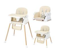 Bonnlo 4-in-1 Foldable Baby High Chair, Adjustable Height with Detachable Tray, 5-Point Safety Harness, Highchair for Toddlers 6 to 36 Months, Beige