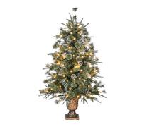 Bonnlo 4ft Pre Lit Christmas Tree with Vase Base, Green with Pine Cones | Antique Decorative Base, 8 Modes Warm White Lights, 120cm Compact Size for Small Area, 200 PVC+PE Branches