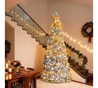 Bonnlo 6 Ft Pop Up Christmas Tree with Lights, 180cm Pre Lit Collapsible Christmas Tree with Sturdy Metal Stand, Grenn&Gold, No Ribbon