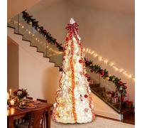 Bonnlo 6 Ft Pop Up Christmas Tree with Lights, 180cm Pre Lit Collapsible Christmas Tree with Sturdy Stand, White&Red