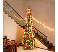 Bonnlo 6 Ft Pop Up Christmas Tree with Lights, 180cm Pre Lit Collapsible Christmas Tree with Sturdy Stand, Red&Golden