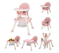 Bonnlo 6-in-1 Convertible Baby High Chair, Adjustable Height with Removable Double Tray & Building Block Table, Multi-Functional Highchair for Toddlers 6-36 Months (Pink)