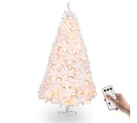 Bonnlo 6ft/1.8m White Pre Lit Artificial Christmas Tree with 250 Warm White LED Lights, 606 PVC Branch Tips, 8 Lighting Modes, Sturdy Metal Stand