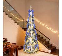 Bonnlo 6ft Pop Up Christmas Tree, Pre-lit & Pre-decorated, Silver & Blue | Collapsible Design, Quick Setup & Easy Storage, Warm White Lights with 11 Lighting Modes, PVC Material