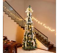 Bonnlo 6ft Pop Up Christmas Tree, Pre-lit & Pre-decorated, Silver & Gold | Collapsible Design, Quick Setup & Easy Storage, Warm White Lights with 10 Lighting Modes, PVC Material