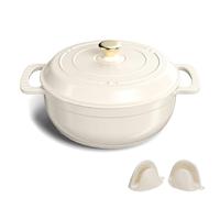 Bonnlo Enameled Cast Iron Round Pot, 27cm/5.6L Dutch Oven Cookware with Lid, Silicone Gloves, Heavy-Duty Pre-Seasoned Cookware for Bread Baking, Braising, Stews, Roasting - White, 6QT