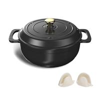 Bonnlo Enameled Cast Iron Round Pot, 27cm/5.6L Dutch Oven Cookware with Lid, Silicone Gloves, Heavy-Duty Pre-Seasoned Cookware for Bread Baking, Braising, Stews, Roasting - Black, 6QT