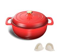 Bonnlo Enameled Cast Iron Round Pot, 27cm/5.6L Dutch Oven Cookware with Lid, Silicone Gloves, Heavy-Duty Pre-Seasoned Cookware for Bread Baking, Braising, Stews, Roasting - Red, 6QT