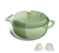 Bonnlo Enameled Cast Iron Round Pot, 27cm/5.6L Dutch Oven Cookware with Lid, Silicone Gloves, Heavy-Duty Pre-Seasoned Cookware for Bread Baking, Braising, Stews, Roasting - Green, 6QT
