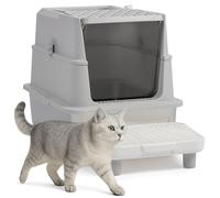 Bonnlo Enclosed Hooded Large Cat Litter Box, Cat Litter Tray Large Size 60*40*46cm, Covered Kitten Litter Tray for Big Cats with Scoop and Filter Pedal, Anti Leakage, High Sided, Easy to Clean, Grey