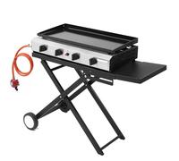 Bonnlo Foldable Gas BBQ with Side Tables, 4 Burner Portable Propane Griddle with Thermometer & Enameled Tray, Folding Trolley with Wheels - Outdoor Cooking BBQ Tailgating Picnic Party Camping