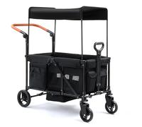 Bonnlo Folding Stroller Wagon for Kids, 2-Seater Handcart Wagon with Removable Canopy, 5-Point Harness and All-Terrain Wheels, Outdoor Camping Cargo Cart, Black
