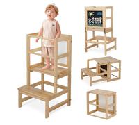 Bonnlo Kids Foldable Kitchen Step Stool with Safety Rail, Chalkboard, 4-in-1 Wooden Children Learning Standing Tower for Kitchen Counter (Natural)
