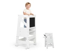 Bonnlo Kids Learning Tower, 3-Level Adjustable Wooden Kitchen Step Stool | Flip Painting Blackboard, Kitchen Helper with Safety Rail, Montessori Wood Toddler Stool, for Kitchen Bathroom, White