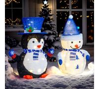 Bonnlo Lighted Snowman & Penguin Christmas Decorations Set, 28in/70cm Outdoor Pre-Lit Pull Up Plush Figures with 100 Warm White LEDs, Foldable Xmas Decor for Yard Garden Patio Indoor Holiday Display