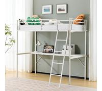 Bonnlo Loft Bunk Bed with Desk, Non-Slip Inclined Ladder Single Loft Bed with Outlet and LED Light Strip, Multifunctional Raised Metal Bed Frame for Kids, Teens and Adults, White