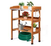 Bonnlo Wooden Potting Table with Metal Tabletop, Potting Bench with Tool Hooks & Storage Shelves, Planting Work Station for Greenhouse (Orange)