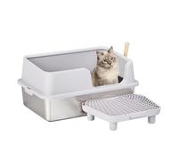 Bonnlo XXL Cat Litter Trays, 61 * 40 * 33cm Cat Litter Box With Scoop And Filter Pedal, Stainless Steel, Extra Large High Sided Enclosure For Big Cats, Anti-Tracking, Easy Clean, Grey