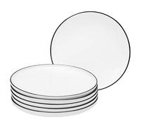 BonNoces 10 Inch Porcelain Dinner Plate, Elegant White with Black Edges Design, Classic Round Serving Plate Set for Steak, Pasta, and Salad, Set of 6
