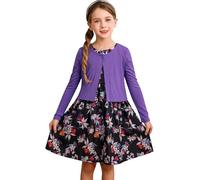 BONNY BILLY Girls Clothing Set 2 Pcs Long Sleeve Cardigan + Sleeveless Black Floral Print Dress 5-6 Years Purple Set