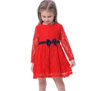 BONNY BILLY Girls Long Sleeve Red Lace Flower Wedding Evening Christmas Party Dress with Bow Sash 4-5 Years Red