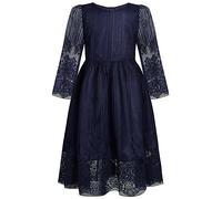 BONNY BILLY Girls Long Sleeve Tulle Lace Flower Wedding Bridesmaid Prom Party Dress 7-8 Years Navy Blue