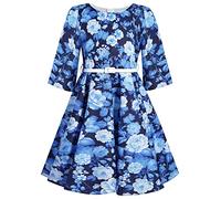 BONNY BILLY Girls Long Sleeve Vintage Floral Winter Swing Party Dress with Belt 5-6 Years Blue-8