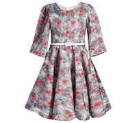 BONNY BILLY Girls Long Sleeve Vintage Floral Winter Swing Party Dress with Belt 5-6 Years Green-5
