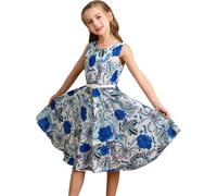 BONNY BILLY Girls Sleeveless Vintage Floral Summer Swing Party Dress with Belt 5-6 Years Blue