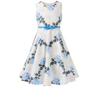 BONNY BILLY Girls Sleeveless Vintage Floral Summer Swing Party Dress with Bow Belt 7-8 Years Blue Flower