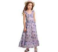 BONNY BILLY Girls Spaghetti Strap Chiffon Floral Print Casual Summer Holiday Boho Beach Maxi Long Dress 12-13 Years Purple-1