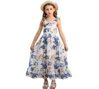 BONNY BILLY Girls Spaghetti Strap Chiffon Floral Print Casual Summer Holiday Boho Beach Maxi Long Dress 11-12 Years Blue