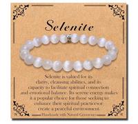 BONNY BOXX Natural Stretch Healing Gemstone Bracelet, 4/6/8mm Semi Precious Stone Bracelet for Men Women, Stress Relief Crystal Jewelry, 8 mm, Gemstone, selenite