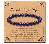 BONNY BOXX Natural Stretch Healing Gemstone Bracelet, 4/6/8mm Semi Precious Stone Bracelet for Men Women, Stress Relief Crystal Jewelry, 8 mm, Gemstone, purple tiger's eye