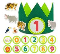 BONNYCO Jungle Birthday Crown with Interchangeable Numbers from 0-9 and Themed Figures. 1st Birthday Gifts for Boys Girls, Animal Hats for Kids. Safari Party Decorations, 1st Baby Crown Kids Carnival