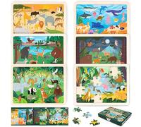 BONNYCO Wooden Puzzle for Kids 6 Sets 24 Pcs of Animals from Different Ecosystems. Children’s Jigsaw with Board, Educational Toys, Gifts for Kids Ages 3 to 8, Christmas, Birthday