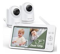 bonoch Baby Monitor with 2 Cameras and Night Vision, 7" 720P HD Split Screen Video Baby Camera Monitor No WiFi with 6000mAh Battery, 2-Way Talk, Temperature, Hack Proof, Remote PTZ, 8 Lullabies