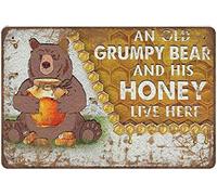 Bonoff Antique Durable Thick Metal Sign,An Old Grumpy Bear And His Honey Live Here Vintage Home Decor Poster Decor Poster Wall Art Tin Sign Decor Metal Sign Poster 8X12 Inches