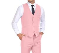 BONOW Mens Suits Vest Pant Set, Slim Fit 2 Pieces Casual Suit Waistcoat Wedding Groomsmen, Pink, XS