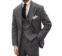 BONOW Tweed Mens Suit Slim Fit 3 Pieces Herringbone Mens Wedding Suit Groomsmen Tuxedos Prom Suit Jacket Vest Pants, Dark Grey, XL
