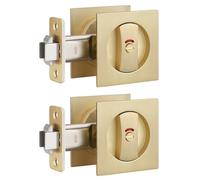 Bonpoly 2 Pack Brushed Gold Pocket Door Hardware, Keyless Pocket Door Lock with Red-Green Indicator, Square Pocket Door Privacy Lock, Heavy Duty Bifold/Sliding Door Hardware, Modern Recessed Door Knob