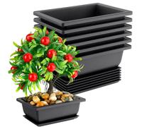 Bonsai Pot 6.5 Inches, 6 Packs Rectangle Bonzai Training Pots with Drainage Trays, Plastic Flower Pot Humidity Trays, Square Potted Planter Pot for Living Room, Office, Yard, Garden, Indoor, Balcony