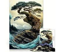 Bonsai Tree on A Cliff with Waves Teenager Jigsaw Puzzles 1000 Pieces Thinking Skill Casual Enjoyment Neat Edges Holiday Treat (50X75CM)